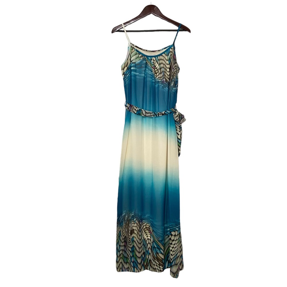 Y2k Robbie Bee Chiffon Ombré Maxi Geo Print Long Dress Blue